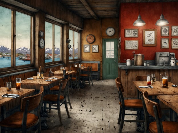 Auf dem Bild ist ein gemütliches Restaurant zu sehen, das eine einladende Atmosphäre schafft. Die Holzinterieur und die großen Fenster bieten einen schönen Blick auf das Wasser und die Berge im Hintergrund, was typisch für Bodø ist.In Bodø gibt es eine Vielzahl kulinarischer Entdeckungen, von frischen Meeresfrüchten aus der Region bis hin zu traditionellen norwegischen Gerichten. Die Einrichtung dieses Restaurants könnte darauf hinweisen, dass es sich auf lokale Spezialitäten konzentriert, möglicherweise frischen Fisch oder Lammgerichte, die perfekt zu einem Glas Bier passen, wie auf den Tischen zu sehen ist. Der Fokus auf die naturalistischen Elemente und die rustikale Gestaltung hebt die Verbundenheit mit der Natur hervor, welche die kulinarische Szene in dieser Region prägt.