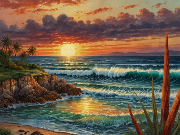 Auf dem Bild ist ein wunderschöner Sonnenuntergang am Meer zu sehen, mit sanften Wellen, die an die Küste rollen. Die Farben des Himmels spiegeln sich im Wasser wider und schaffen eine friedliche Atmosphäre.In Røvær kann man ähnliche Naturerlebnisse genießen, wie zum Beispiel die spektakulären Sonnenuntergänge über dem Meer, die teilweise das Wasser in faszinierenden Gold- und Rottönen erstrahlen lassen. Die Küstenlinie ist oft von beeindruckenden Felsen und sanften Stränden geprägt, während die Klänge der Wellen und das Zwitschern der Vögel eine harmonische Kulisse bieten. Die üppige Vegetation und die Nähe zur Natur tragen zu einem unvergesslichen Erlebnis bei.