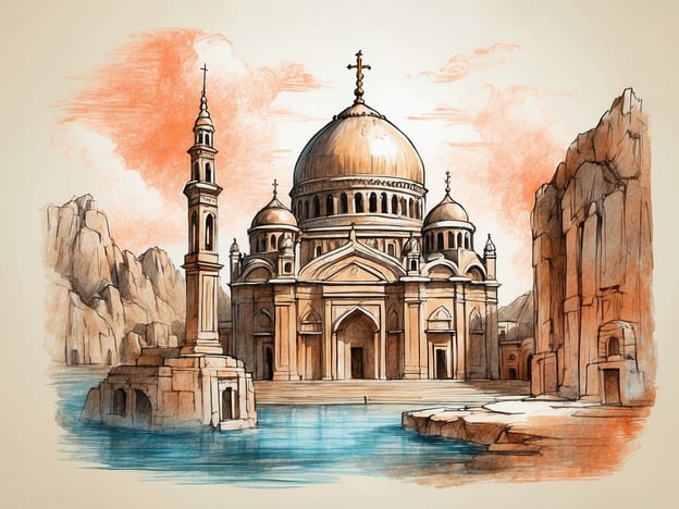Auf dem Bild ist eine beeindruckende Architektur zu sehen, die wahrscheinlich eine religiöse Stätte darstellt. Der auffällige Kuppelbau und der Minarett lassen darauf schließen, dass es sich um ein Kirchen- oder Moscheengebäude handeln könnte, was in vielen Kulturen eine zentrale Rolle im religiösen Leben spielt.In der christlichen bzw. islamischen Tradition haben solche Gebäude oft eine tiefe spirituelle Bedeutung. Sie dienen als Orte der Anbetung, Gebete und Gemeinschaft. Dabei finden häufig wichtige Rituale statt, wie Gottesdienste, Hochzeiten und Taufen in Kirchen oder das Gebet in Moscheen, besonders am Freitag.Die Architektur selbst symbolisiert häufig die Verbindung zwischen Erde und Himmel, repräsentiert die Nähe zu Gott und ist ein Treffpunkt für Gläubige. Der Wasserumfluss kann auch spirituelle Reinheit symbolisieren, was in vielen Religionen von Bedeutung ist. Solche Stätten sind oft nicht nur religiöse, sondern auch kulturelle Zentren, die Gemeinschaft und Traditionen fördern.