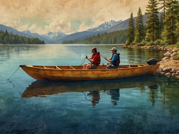 Auf dem Bild sind zwei Personen in einem Boot zu sehen, die auf einem ruhigen See angeln. Die Landschaft um sie herum ist beeindruckend mit Bergen im Hintergrund, grünen Wäldern und einem klaren Himmel, was eine friedliche und naturnahe Atmosphäre schafft.Hier sind einige Aktivitäten für jeden Geschmack, die man in einer ähnlichen Umgebung genießen könnte:1. **Angeln**: Wie die beiden im Boot, ist Angeln eine entspannende Möglichkeit, Zeit am Wasser zu verbringen.2. **Kajakfahren**: Für die Abenteuerlustigen eignet sich das Paddeln durch ruhige Gewässer oder auf aufregenderen Flüssen.3. **Wandern**: Die umliegenden Berge bieten herrliche Wanderwege für Naturfreunde und Sportbegeisterte.4. **Fotografie**: Die malerische Landschaft ist ideal für Fotografen, um die Schönheit der Natur festzuhalten.5. **Picknick**: Ein entspannendes Picknick am Wasser ist perfekt für Familien oder Freunde, die die Natur genießen möchten.6. **Schwimmen**: An warmen Tagen könnte man auch eine erfrischende Schwimmrunde im klaren Wasser genießen.Egal ob man die Ruhe der Natur sucht oder aktiv sein möchte, diese Umgebung hat für jeden etwas zu bieten.