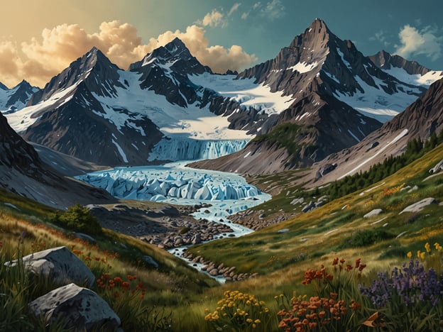Auf dem Bild ist eine beeindruckende alpine Landschaft zu sehen, die von majestätischen Bergen und einem Gletscher dominiert wird. Im Vordergrund erstreckt sich eine Wiese mit verschiedenen bunten Blumen, die auf eine reiche Biodiversität hinweisen.In der Umgebung des Gletschers sind typische pflanzliche und tierische Lebensgemeinschaften zu finden. Die Pflanzen, die in solch kühlen, feuchten Klimazonen gedeihen, sind oft an extreme Wetterbedingungen angepasst. Zu den Tieren, die in diesen Regionen leben könnten, gehören beispielsweise Gletscherhasen, Steinböcke oder verschiedene Vogelarten, die in den Felsen nisten.Die Gewässer, die vom Schmelzwasser des Gletschers gespeist werden, fördern zudem aquatische Ökosysteme, die von Fischen und Insekten bevölkert werden. Solche Lebensräume sind entscheidend für die Aufrechterhaltung des ökologischen Gleichgewichts in der Region und spiegeln die Wechselwirkungen zwischen Wasser, Gletscher und der umliegenden Tierwelt wider.