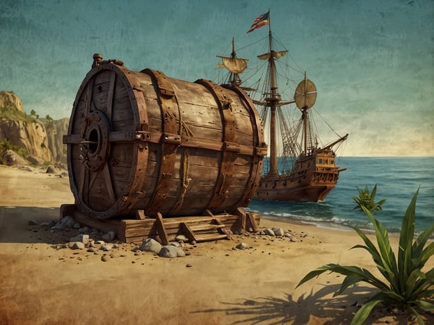 Auf dem Bild ist eine malerische Küstenlandschaft zu sehen, mit einem eindrucksvollen Piratenschiff im Hintergrund und einem großen Holzfass im Vordergrund. Diese Szenerie erinnert an die besten Reiseziele für Piratenabenteuer, wie beispielsweise:1. **Karibik**: Berühmt für ihre geheimen Buchten und versteckten Schätze.2. **Tortuga**: Eine legendäre Pirateninsel, bekannt für ihre lebhaften Tavernen und ungezähmten Geschichten.3. **Bahamas**: Mit vielen kleinen Inseln, die perfekt für Piratenschnitzeljagden sind.4. **Kaimaninseln**: Ein hervorragender Ort für Piratenschnitzel und Wasserabenteuer.Solche Orte sind ideal für jede Schatzsuche und spannende Abenteuer auf den Spuren der Piraten.
