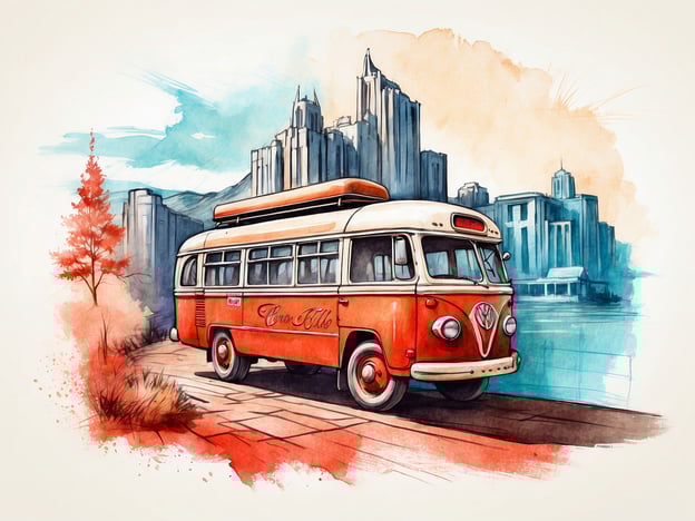 Das Bild zeigt einen klassischen VW-Bus, der auf einem Weg nahe einem Gewässer steht, umgeben von einer Stadtlandschaft mit hohen Gebäuden im Hintergrund. Im Vordergrund sind einige Bäume und eine malerische Umgebung zu erkennen. Dieser Bus könnte als Symbol für Reisen und Abenteuer dienen und erinnert an nostalgische Roadtrips.Falls Sie an aktuellen Veranstaltungen und Führungen interessiert sind, könnten Sie zum Beispiel Stadtführungen suchen, die das Thema "Kultur auf Rädern" oder "Vintage-Vehikel in der Stadt" behandeln. Viele Städte bieten Führungen an, die kreative Verkehrsmittel oder historische Fahrzeuge einbeziehen.