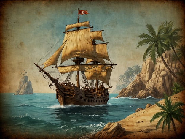 Auf dem Bild ist ein beeindruckendes Segelschiff zu sehen, das auf den Wellen eines tropischen Meeres schippert. Es hat weiße Segel und eine rote Piratenflagge, die auf seine mögliche Verbindung zur Piraterie hinweist.Die Geschichte der Piraterie, die ihren Höhepunkt im 17. und 18. Jahrhundert hatte, erzählt von Abenteurern und Kriminellen, die die Ozeane unsicher machten. Piratenschiffe wie das auf dem Bild waren oft mit Holz und Kanonen bewaffnet und konnten durch ihre Wendigkeit und Schnelligkeit Überfälle auf Handelsschiffe durchführen. Die tropische Umgebung, die Palmen und felsigen Küsten zeigt, erinnert an die heimlichen Verstecke, in denen Piraten ihre Beute lagerten und Pläne schmiedeten.Insgesamt spiegelt das Bild die Romantik und Gefahr der Piraterie wider, eine Zeit voller Abenteuer und gesetzloser Freiheit auf den Weltmeeren.