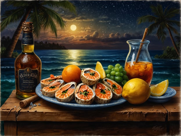 Arrr, seht her, ihr Landratten! Auf diesem bemoosten Tisch liegt ein Festmahl, das das Herz eines jeden Piraten erfreuen würde! Eine prächtige Platter voller Austern, gefüllt mit frischem, saftigem Lachs, der wie Gold glänzt. Dazu fließt aus einer Flasche voller braunem Gebräu, wahrscheinlich ein feiner Rum, der das Blut zum Kochen bringt!Die Früchte umringen das Mahl wie treue Matrosen: Eine saftige Orange, die leuchtend strahlt, grüne Trauben, die süß und frisch sind, und eine zitronige Hälfte, die dem Trunk ein wenig Würze geben könnte. Und natürlich das erfrischende Getränk in der Karaffe, bereit, den Durst nach einem langen Tag auf hoher See zu stillen!Heuere die Crew an, lasst uns auf die Nacht und die Schätze des Lebens anstoßen! Arrr! ????☠️