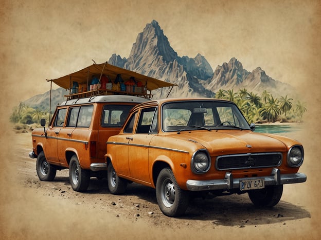 Auf dem Bild sind zwei orangefarbene Fahrzeuge zu sehen. Das vordere Fahrzeug ist ein kleinerer Wagen, während das hintere ein größerer Transporter mit einem Dachzelt und Zubehör ist. Im Hintergrund erkennt man eine malerische Landschaft mit Bergen und Palmen, die eine entspannte Reiseatmosphäre vermittelt.In Bezug auf die Wahl des Reiseziels: Solche Orte mit schöner Natur und Abenteuerpotential können oft echte Schnäppchen für Reisende bieten, insbesondere abseits der typischen Touristenpfade. Orte, die weniger bekannt sind, können sowohl günstigere Unterkünfte als auch besondere Erlebnisse bieten.