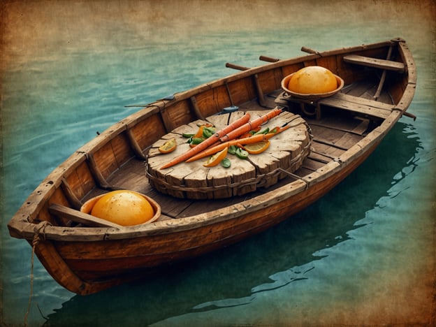 Auf dem Bild ist ein traditionelles Holzboot zu sehen, das auf dem Wasser schwimmt. In dem Boot sind verschiedene Lebensmittel wie Karotten, Zitrusfrüchte und möglicherweise Käse platziert. Solche Szenen sind typisch für die Lofoten, wo Fischerei und Landwirtschaft eine zentrale Rolle in der Kultur spielen.Die Lofoten sind bekannt für ihre traditionelle Küche, insbesondere frische Meeresfrüchte und Produkte aus der Region. Das Boot könnte ein Symbol für die lokale Lebensweise sein, die stark mit den Ressourcen des Meeres und des Landes verbunden ist. Die Landschaft und die jahrhundertealten Traditionen spiegeln sich in der Nutzung einfacher, natürlicher Materialien wider, wie sie hier im Boot und den Lebensmitteln zu sehen sind.