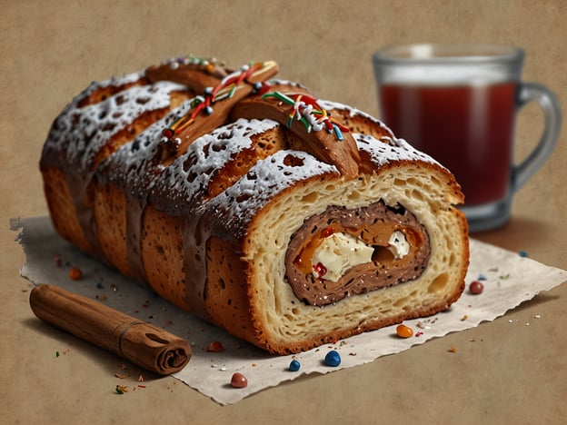 Auf dem Bild ist ein kunstvoll gestalteter Weihnachtsstrudel zu sehen, der in einer leckeren Kombination aus verschiedenen Füllungen präsentiert wird. Die äußere Schicht ist goldbraun gebacken und mit einer Glasur verziert, während die Füllung aus verschiedenen Köstlichkeiten besteht, darunter wahrscheinlich Schokolade, Früchte und vielleicht sogar Nüsse.Dazu steht ein Glas mit einem warmen Getränk, das an Glühwein oder eine würzige Punschvariation erinnern könnte – perfekte Begleiter für die kalte Jahreszeit.Kulinarische Highlights in der Weihnachtszeit umfassen oft traditionelle Leckereien wie Stollen, Lebkuchen und Plätzchen, die ebenso festlich und geschmackvoll sind.