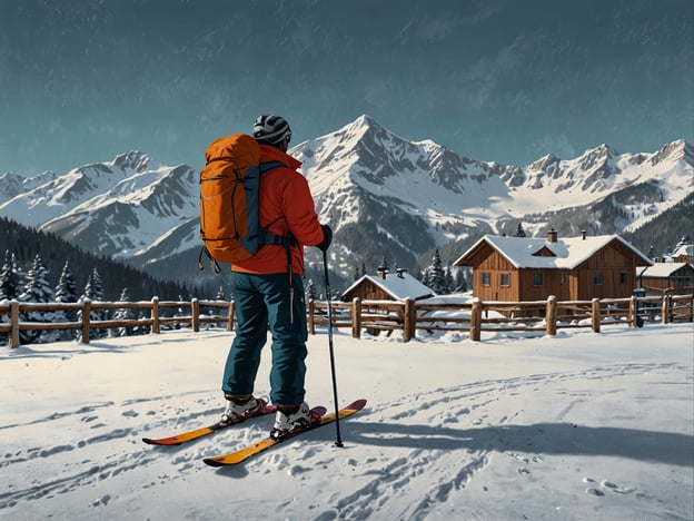 Auf dem Bild ist eine schneebedeckte Landschaft mit Bergen im Hintergrund zu sehen. Eine Person steht auf Skiern, gekleidet in einer roten Jacke und einem Rucksack, und blickt auf die beeindruckende Bergkulisse. Mitten in dieser winterlichen Idylle sind einige gemütliche Holzhäuser und eine Umzäunung sichtbar.Beliebte Skiorte mit Schneegarantie, die zu solch einer Szenerie passen könnten, sind:1. **St. Anton am Arlberg** (Österreich)2. **Zermatt** (Schweiz)3. **Chamonix** (Frankreich)4. **Sierra Nevada** (Spanien)5. **Whistler Blackcomb** (Kanada)Diese Orte bieten hervorragende Pisten und eine hohe Wahrscheinlichkeit für Schnee während der Wintersaison.