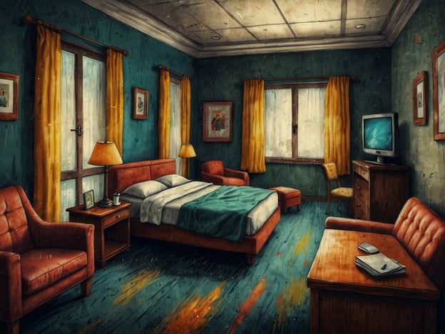 Auf dem Bild ist ein Hotelzimmer zu sehen, das mit einem Bett, einem Tisch, Stühlen und Lampen eingerichtet ist. Unerwünschte Verhaltensweisen in einem Hotelzimmer könnten Folgendes umfassen:1. **Lärm**: Übermäßiger Lärm, z. B. laute Musik oder Partys, die andere Gäste stören.2. **Ungenügende Sauberkeit**: Das Verlassen des Zimmers in einem unordentlichen und schmutzigen Zustand.3. **Schäden an Möbeln**: Vorsätzliches Beschädigen von Möbeln oder Einrichtungsgegenständen.4. **Rauchen in Nichtraucherzimmern**: Rauchen in Bereichen, in denen es verboten ist.5. **Ungebührliches Verhalten**: Unangemessenes oder beleidigendes Verhalten gegenüber Hotelpersonal oder anderen Gästen.Diese Verhaltensweisen können negative Auswirkungen auf den Aufenthalt anderer Gäste und das Ansehen des Hotels haben.