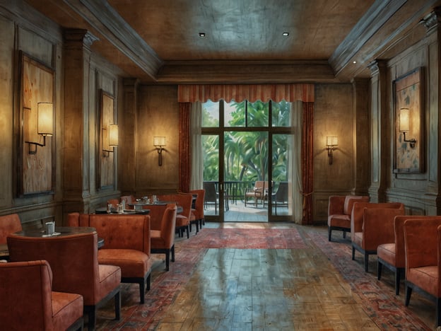 Auf dem Bild ist ein eleganter Raum zu sehen, der wahrscheinlich als Lounge oder Bistro in einem Hotel dient. Die Wände sind in warmen Farben gehalten und mit Dekorationen versehen. Es gibt mehrere gemütliche, orangefarbene Sitzecken mit Tischen, auf denen Gläser stehen. Große Fenster lassen viel Licht hinein und bieten einen Blick auf die Natur draußen, was eine einladende Atmosphäre schafft.Beim Umgang mit der Hotelausstattung ist es wichtig, respektvoll und verantwortungsbewusst zu handeln. Dazu gehört, die Möbel und andere Einrichtungen sorgfältig zu behandeln, um sicherzustellen, dass alle Gäste den Raum in guter Verfassung vorfinden.