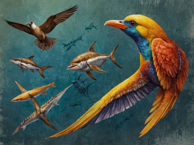 Auf dem Bild sind verschiedene Tiere zu sehen, die eine vielseitige Tierwelt repräsentieren könnten. Es gibt einen bunten Vogel mit auffälligem Gefieder, der an die vielseitige Aviatik Sansibars erinnert. Zudem sind mehrere Fische und Haie im Wasser dargestellt, die die reichhaltige Meeresfauna der Region symbolisieren.Sansibar ist für seine beeindruckende Tierwelt bekannt, die sowohl Land- als auch Wasserlebewesen umfasst. Die Mischung aus exotischen Vögeln und Meeresbewohnern spiegelt die biologische Vielfalt dieser Insel wider, die von tropischen Vögeln bis zu verschiedenen Fischarten reicht.