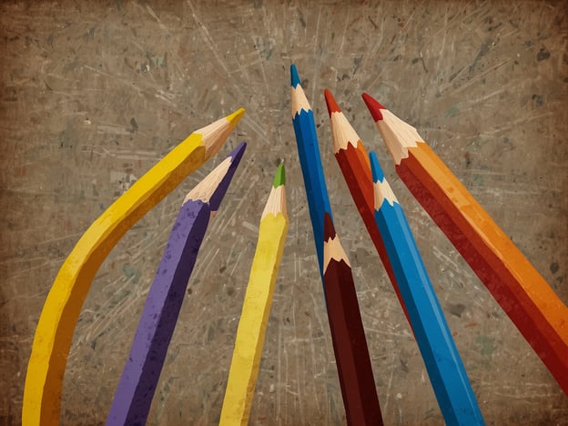 Auf dem Bild sind verschiedene Farbstifte zu sehen, die in einer Gruppe angeordnet sind. Jeder Stift hat eine andere Farbe, was die Vielfalt und Kreativität symbolisiert.Um Gewalt zu reduzieren, können wir die positiven Aspekte von Kunst und Kreativität hervorheben. Kreatives Schaffen, wie Malen oder Zeichnen, fördert den Ausdruck von Gefühlen und Gedanken. Solche Aktivitäten können als Ventil für Emotionen dienen und dazu beitragen, Konflikte friedlich zu lösen. Der Einsatz von Farben kann auch Gemeinschaft fördern und zu einem harmonischen Miteinander beitragen, indem Menschen zusammenkommen, um ihre Ideen zu teilen und zu verwirklichen.