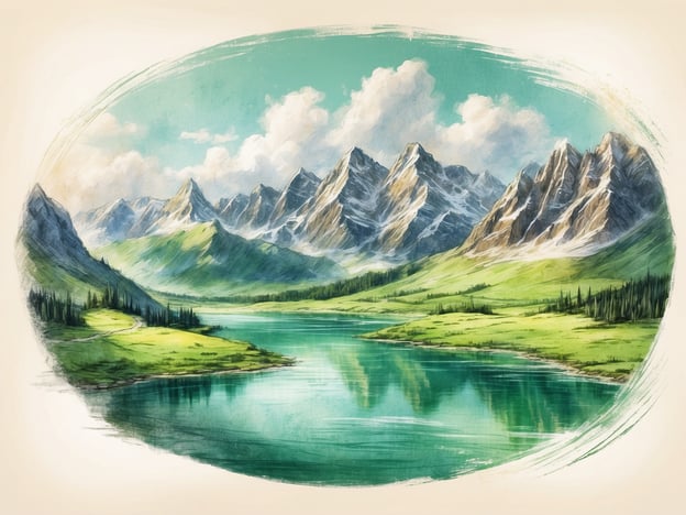 Auf dem Bild ist eine malerische Landschaft zu sehen. Im Vordergrund erstreckt sich ein klarer, blauer See, dessen Wasser die umliegenden Berge und den Himmel reflektiert. Die Uferregion ist mit saftigem Grün und vereinzelten Bäumen bewachsen, was eine friedliche und einladende Atmosphäre schafft.Im Hintergrund erheben sich majestätische Berge mit schroffen Gipfeln, von denen einige mit Schnee bedeckt sind, was auf eine alpine Region hindeutet. Die Wolken am Himmel sind weich und luftig, was dem Gesamtbild eine harmonische Stimmung verleiht. Die sanften Hügel am Fuße der Berge und der klare Himmel ergänzen die idyllische Szenerie, die zum Verweilen einlädt.