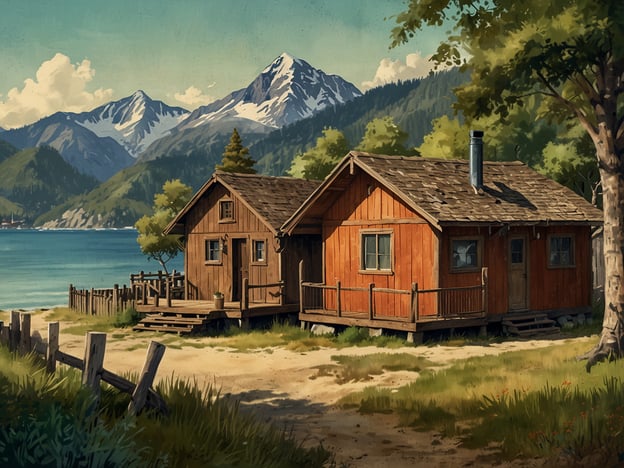 Auf dem Bild sind zwei charmante Holzhütten zu sehen, die am Ufer eines ruhigen Gewässers liegen, umgeben von einer beeindruckenden Berglandschaft. Diese Szenerie könnte als romantischer Rückzugsort für Paare dienen, die Entspannung in der Natur suchen.Die idyllische Umgebung bietet Möglichkeiten für romantische Spaziergänge am Wasser, Picknicks im Freien und abendliche Lagerfeuer unter dem Sternenhimmel. Solch ein Ort ist perfekt, um Zeit miteinander zu verbringen und sich von der Hektik des Alltags zu erholen.