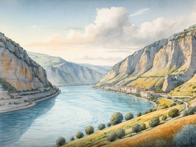 Auf dem Bild wird eine malerische Landschaft gezeigt, die an den Donaudurchbruch erinnert, insbesondere an die beeindruckenden Schluchten, durch die die Donau fließt. Diese Region ist bekannt für ihre spektakulären Felsformationen, steilen Ufer und das glitzernde Wasser des Flusses.Der Donaudurchbruch, der sich zwischen den Orten Klausen und Durnstein im Niederösterreich erstreckt, hat eine reiche Geschichte. Er war nicht nur ein bedeutender Handelsweg, sondern auch ein strategischer Punkt für verschiedene Kulturen und Königreiche im Laufe der Jahrhunderte. Die Region wurde von den Römern besiedelt, und Ruinen antiker Festungen zeugen von ihrer Vergangenheit.Kulturell ist der Donaudurchbruch ein wichtiger Teil der österreichischen Identität. Die Weinbaugebiete entlang des Flusses sind berühmt für ihre Weine, insbesondere den Grünen Veltliner, und ziehen viele Touristen an, die die malerische Landschaft und die historischen Städte erkunden möchten. Auch die romantischen Burgen und Schlösser, die die Ufer säumen, tragen zur kulturellen Bedeutung dieses Ortes bei.Insgesamt spiegelt das Bild die Schönheit und die kulturelle Relevanz des Donaudurchbruchs wider, der sowohl ein Naturwunder als auch ein historisches Erbe ist.