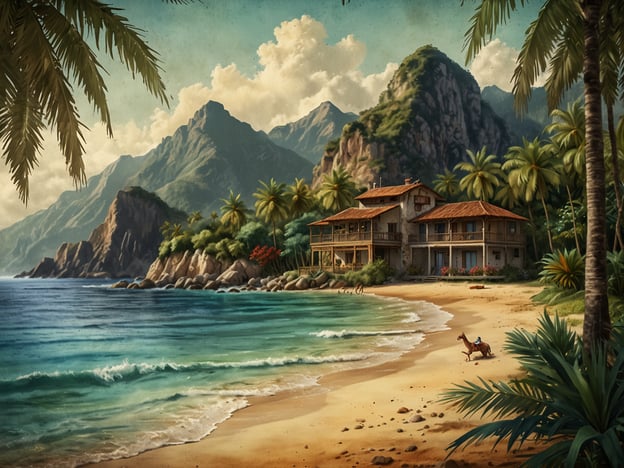 Auf dem Bild ist eine malerische Küstenlandschaft mit einem schönen Sandstrand, klarem Wasser und beeindruckenden Bergen im Hintergrund zu sehen. Diese Szenerie erinnert an beliebte Urlaubsorte wie die Malediven, Bora Bora oder die Karibik. Solche Orte sind bekannt für ihre traumhaften Strände, tropische Vegetation und entspannende Atmosphäre, perfekt für einen Urlaub im Paradies.