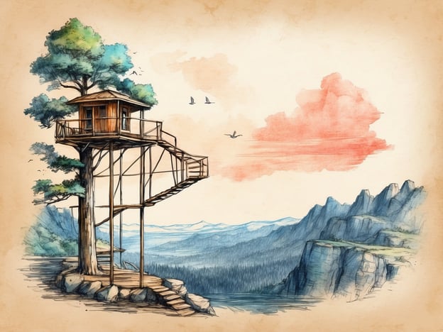 Auf dem Bild ist ein handgezeichnetes Baumhaus zu sehen, das auf einem Baum steht und durch eine Treppe mit dem Boden verbunden ist. Im Hintergrund sind bergige Landschaften und eine farbenfrohe Wolkenformation zu erkennen. Dies vermittelt eine ruhige und idyllische Atmosphäre.Der Abenteuerpark Waldkirchen ist ein beliebtes Ausflugsziel in Deutschland, das verschiedene Aktivitäten in der Natur bietet, wie zum Beispiel Kletteranlagen, Hochseilgärten und weitere Abenteuer für Familien und Abenteuerlustige. Der Park eignet sich hervorragend für Outdoor-Aktivitäten und fördert das Zusammenspiel von Erholung und Sport in einer naturnahen Umgebung.