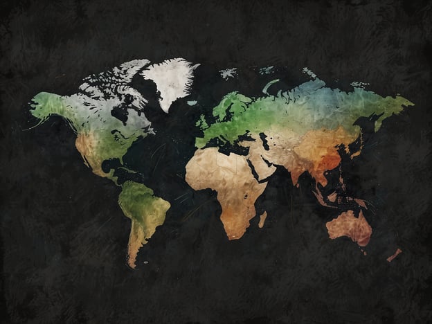 Das Bild zeigt eine stilisierte Weltkarte, auf der verschiedene Kontinente und geografische Bereiche deutlich erkennbar sind.Bezüglich der Rankings von Millionären stehen in der Regel die Vereinigten Staaten an der Spitze, gefolgt von Ländern wie China, Japan und Deutschland. Diese Rankings können jedoch je nach Quelle und Jahr variieren. In den USA gibt es die höchste Anzahl von Millionären, während europäische Länder wie Deutschland und das Vereinigte Königreich ebenfalls bedeutende Zahlen aufweisen.