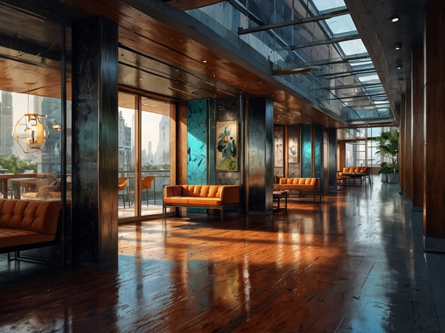 Auf dem Bild ist ein moderner, eleganter Innenraum eines Gebäudes zu sehen, das durch große Fenster viel natürliches Licht erhält. Die Kombination aus Holz, Glas und Kunstwerken schafft eine ansprechende Atmosphäre. Solch ansprechende Räume werden in zukünftigen Millionärs-Städten eine zentrale Rolle spielen, da sie nicht nur Ästhetik, sondern auch Funktionalität widerspiegeln.In den kommenden Jahren könnten solche Immobilien zu Lebensräumen für Wohlhabende werden, die Wert auf Stil, Komfort und nachhaltige Designs legen. Diese Städte könnten durch intelligente Technologien und grüne Bauweisen gekennzeichnet sein, sodass die Bewohner ein hohes Maß an Lebensqualität genießen. Orte wie diese könnten auch als Treffpunkte für Networking und kreative Zusammenarbeit dienen und somit das soziale und wirtschaftliche Leben stark beeinflussen.