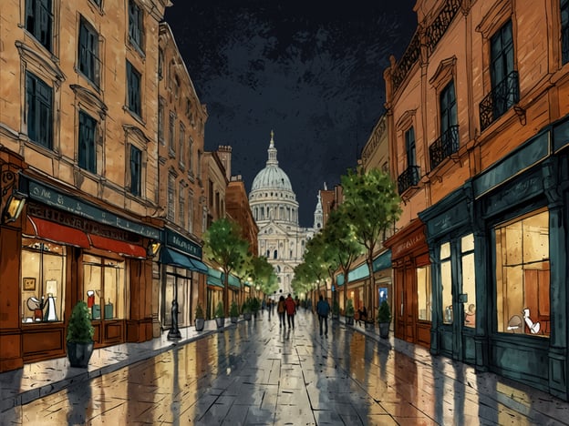 Auf dem Bild ist eine elegante, städtische Straße bei Nacht zu sehen. Die Architektur der Gebäude zeichnet sich durch eine Kombination aus klassischen Details und modernen Elementen aus, was typisch für viele Milliardärsstädte ist.
Im Hintergrund ragt eine prächtige Kuppel hervor, die möglicherweise an berühmte Wahrzeichen wie St. Paul's Cathedral in London erinnert, und verleiht der Szene ein majestätisches Flair. Die beleuchteten Schaufenster deuten auf hochwertige Boutiquen und exklusive Geschäfte hin, die für die Luxuskultur in solchen Städten charakteristisch sind.
Die glänzende, nasse Straße spiegelt das Licht der Laternen und der Schaufenster wider, was eine besondere Atmosphäre schafft, die oft in wohlhabenden urbanen Zentren zu finden ist. Die Bäume entlang der Straße sorgen für eine grüne Note, die in vielen wohlhabenden Wohngegenden präsent ist.