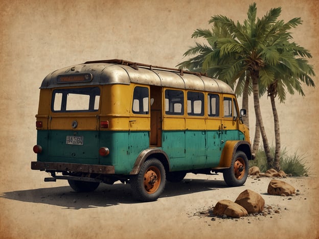 Auf dem Bild ist ein alter Bus zu sehen, der in lebhaften Farben gestaltet ist, und sich vor einer tropischen Kulisse mit Palmen und Steinen befindet. Dieses Motiv spiegelt globale Trends in der Mobilität wider, insbesondere in Bezug auf den öffentlichen Nahverkehr in vielen Entwicklungsländern.
Ein solcher Bus könnte Teil einer lokalen Transportkultur sein, die es den Menschen ermöglicht, sich kostengünstig und effizient zu bewegen. Gleichzeitig könnte man auch die Herausforderungen erkennen, die mit alternden Fahrzeugen und der Notwendigkeit für nachhaltigere Transportlösungen verbunden sind, angesichts der wachsenden Besorgnis über den Klimawandel und die Umweltverschmutzung.
Darüber hinaus zeigt das Bild eine nostalgische Ästhetik, die die Wertschätzung für traditionelle Transportmittel und deren Geschichte widerspiegelt. Dies steht im Kontrast zu den aktuellen Trends hin zu Elektrofahrzeugen und modernen Transportlösungen, die in vielen Städten der Welt gefördert werden.