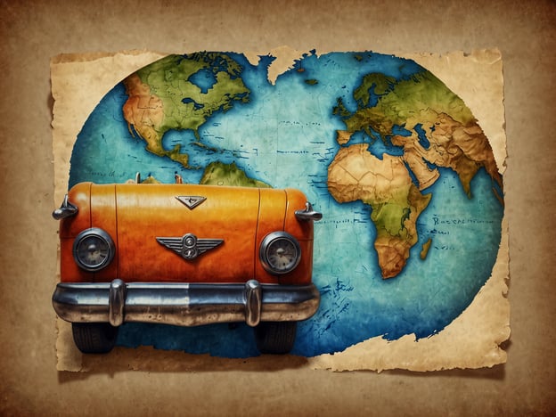 Auf dem Bild ist ein orangefarbenes Auto zu sehen, das vor einer Karte der Welt platziert ist. Die Karte zeigt sowohl Nord- als auch Südamerika, Europa, Afrika und Teile Asiens. Das Auto hat einen nostalgischen, möglicherweise retro-ähnlichen Stil, der den Eindruck von Reisen und Abenteuer vermittelt.
**Fazit:** Die Kombination aus dem Auto und der Weltkarte symbolisiert die Idee des Reisens, der Entdeckung neuer Länder und Kulturen sowie das Verlangen nach Freiheit und Abenteuer.
**Ausblick:** In einer zunehmend vernetzten und globalisierten Welt könnte dieses Bild auch die Sehnsucht nach dem Entdecken von Orten und dem Ausprobieren neuer Erfahrungen reflektieren. Es regt dazu an, über zukünftige Reisen nachzudenken und den eigenen Horizont zu erweitern.