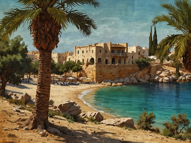 Auf dem Bild ist eine malerische Küstenlandschaft zu sehen, die zu Zypern gehört. Die Szene zeigt einen sonnigen Strand mit klarem, blauem Wasser, umgeben von Felsen und Palmen. Im Hintergrund sind ein paar Gebäude im traditionellen Stil zu erkennen, die die Geschichte der Region widerspiegeln. Diese Kombination aus Natur und historischer Architektur macht Zypern zu einem idealen Ort, an dem Ferienfreude und geschichtliche Erlebnisse miteinander verschmelzen.