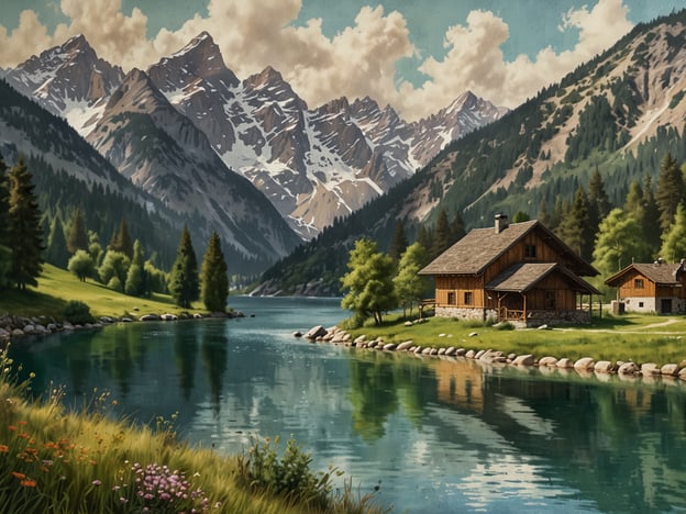 Auf dem Bild ist eine malerische Landschaft zu sehen, die an den Comer See erinnert, Italiens Juwel. Im Vordergrund verläuft ein ruhiger See, der die umgebenden Berge und die Natur reflektiert. Sanfte Hügel und üppiges Grün rahmen das Gewässer ein, während im Hintergrund imposante, schneebedeckte Berge sichtbar sind. Zudem sind einige Holzhäuser in der Nähe des Ufers platziert, die zur idyllischen Atmosphäre beitragen. Diese Szenerie vermittelt ein Gefühl von Ruhe und natürlicher Schönheit, typisch für die Region rund um den Comer See.