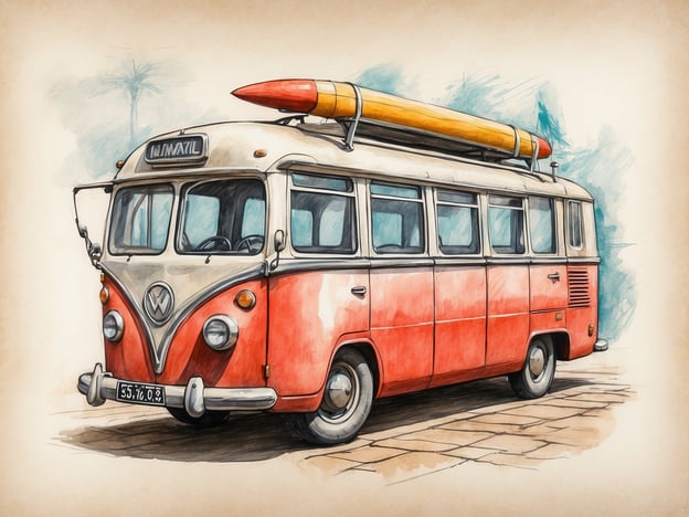 Auf dem Bild ist ein alter Volkswagen Bus zu sehen, der in rot und weiß lackiert ist und eine markante gelbe Surfbrett-Schnalle auf dem Dach hat.### Praktische Informationen für Besucher:- **Standorte**: Solche historischen VW Busse sind oft auf Auto- oder Transportmessen zu sehen oder als Teil von Ausstellungen über Verkehrsgeschichte.- **Fotomöglichkeiten**: Diese Busse bieten tolle Fotomotive, insbesondere in malerischen Kulissen am Strand oder in der Stadt.- **Veranstaltungen**: Informieren Sie sich über lokale Veranstaltungen oder Festivals, bei denen Vintage-Fahrzeuge präsentiert werden. Viele Autos werden auch zum Verleih angeboten.- **Besucherhinweise**: Wenn Sie an einem Event teilnehmen, achten Sie auf spezielle Führungen oder Programme, die Informationen zur Geschichte und Bedeutung solcher Fahrzeuge bieten.