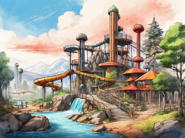 Auf dem Bild ist eine künstlerische Darstellung eines Abenteuerparks zu sehen. Die Architektur ist geprägt von mehreren hohen Rutschen und Plattformen, die sich harmonisch in die natürliche Umgebung einfügen. Im Vordergrund fließt ein klarer Fluss, begleitet von einem kleinen Wasserfall, der eine entspannende Atmosphäre schafft.Der Abenteuerpark bietet eine Vielzahl von Attraktionen, die Abenteuerlustige anziehen. Die bunten Pavillons und die geschwungenen Rutschen laden dazu ein, Spaß und Aufregung zu erleben. Umgeben von Bäumen und Bergen harmoniert die Konstruktion perfekt mit der Landschaft, was Besucher anzieht, die in der Natur Abenteuer suchen.Diese Art von Freizeitpark hat eine lange Geschichte, die von der Entwicklung aufregender Wasserrutschen bis zu innovativen Freizeitangeboten reicht. Abenteuerparks sind Orte, an denen Groß und Klein gemeinsam Freude erleben und unvergessliche Erinnerungen schaffen können.