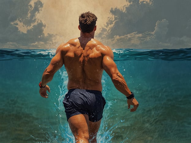Auf dem Bild ist eine Person zu sehen, die in ein Wasserstück läuft. Die Person hat einen muskulösen Rücken und trägt eine kurze Badehose. Es sieht aus, als ob es ein sonniger Tag ist, mit Wolken am Himmel und Lichtspielen auf der Wasseroberfläche.**Schutz und Sicherheit: So bleibst Du unbeschadet:**1. **Achte auf Wetterbedingungen:** Stelle sicher, dass du die aktuellen Wetterbedingungen kennst und verhalte dich entsprechend.2. **Wassertiefe prüfen:** Bevor du ins Wasser gehst, überprüfe die Wassertiefe und achte auf mögliche Gefahren.3. **Allein schwimmen vermeiden:** Schwimme immer mit einem Partner oder in einem beaufsichtigten Bereich.4. **Sonnenschutz verwenden:** Schütze deine Haut mit Sonnencreme, um Sonnenbrand zu vermeiden.5. **Gesundheitszustand beobachten:** Achte auf deine körperliche Verfassung und gehe nicht über deine Grenzen hinaus.Bleib sicher und genieße die Zeit im Wasser!