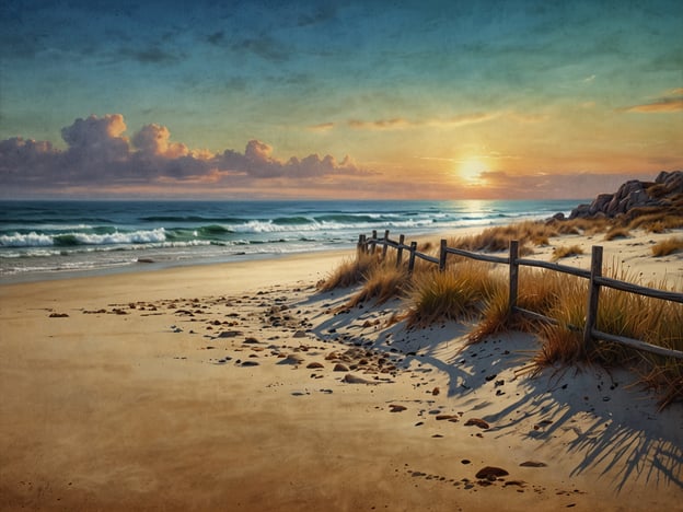 Auf dem Bild ist ein idyllischer Strand zu sehen, der in sanftem Licht erstrahlt. Die Wellen des Meeres rollen sanft an den goldenen Sandstrand, während der Sonnenuntergang den Himmel in warmen Farben malt. Am Rand des Strandes steht ein einfacher Holzzaun, umgeben von üppigem Strandgras, das sanft im Wind weht. Diese friedliche Szenerie vermittelt ein Gefühl der Ruhe und Entspannung, perfekt für einen entspannten Tag am Meer.Im Kontrast dazu könnten winterliche Naturerlebnisse schneebedeckte Landschaften und klare, kalte Sicht bieten, mit einer ruhigen Stille, die die Schönheit der winterlichen Natur betont.