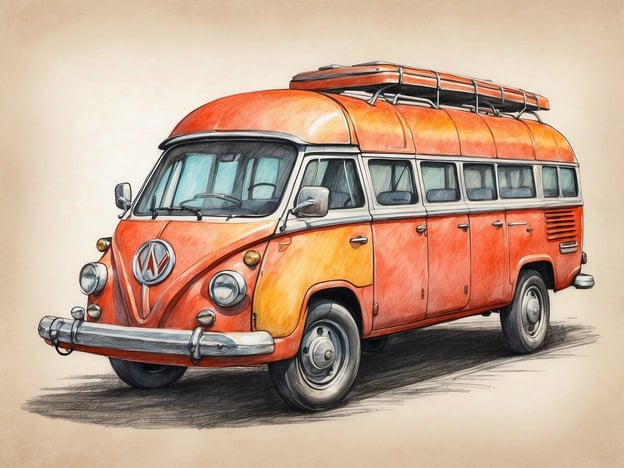 Auf dem Bild ist ein orangerfarbener VW-Bus abgebildet, der im klassischen Stil gestaltet ist. Der Bus hat eine charakteristische Form mit runden Ecken und großen Fenstern.
In Bezug auf die Ausstattung könnte der VW-Bus mit einem Dachgepäckträger ausgestattet sein, was zusätzlichen Stauraum für Ausflüge oder Reisen bietet. Die Sicherheitsmerkmale könnten einfach gehalten sein, da es sich um ein älteres Modell handelt. Es hat wahrscheinlich grundlegende Sicherheitsvorkehrungen wie Gurte, die in der damaligen Zeit üblich waren, jedoch keine modernen Technologien wie Airbags oder elektronische Stabilitätskontrolle.