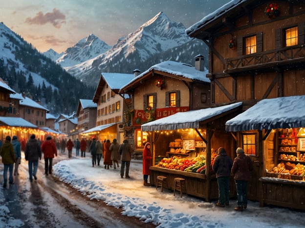 Auf dem Bild sind magische Weihnachtsmärkte in den Alpen zu sehen. Eine verschneite Straße ist von traditionellen Holzständen gesäumt, die mit festlichen Lichtern und Dekorationen geschmückt sind. Menschen schlendern vorbei und genießen die winterliche Atmosphäre, während die Berge im Hintergrund majestätisch aufragen. Die Stände bieten eine Vielzahl von Köstlichkeiten, darunter frisches Obst und Gebäck, die die festliche Stimmung unterstreichen. Die gesamte Szenerie strahlt eine warme und einladende Weihnachtsatmosphäre aus.