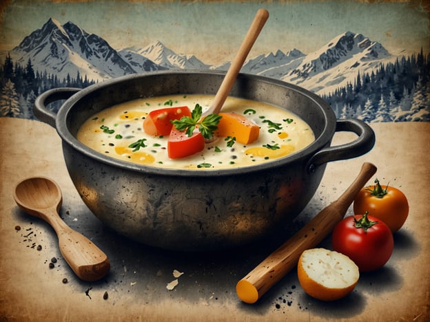 Auf dem Bild ist ein großer Topf mit einer köstlichen, cremigen Suppe zu sehen, der perfekt für den Winter in den Alpen geeignet ist. Diese Art von Gericht könnte eine traditionelle Käsesuppe oder eine herzliche Gemüsesuppe sein, die oft in den Alpenregionen serviert wird, um sich nach einem langen Tag beim Skifahren oder Wandern zu wärmen.
Typische kulinarische Highlights der Alpen im Winter umfassen:
1. **Käsefondue**: Eine Mischung aus geschmolzenem Käse, serviert mit Brotstücken zum Eintauchen.
2. **Rösti**: Knusprige Kartoffelpuffer, die oft als Beilage oder Hauptgericht serviert werden.
3. **Rinder- oder Wildsuppen**: Herzhaft und nahrhaft, perfekt für kalte Tage.
4. **Schweizer Raclette**: Geschmolzener Käse, der über Kartoffeln und Gemüse serviert wird.
Diese Gerichte sind nicht nur lecker, sondern bieten auch eine wunderbare Möglichkeit, lokale Zutaten und Traditionen zu genießen.