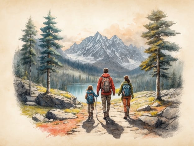Auf dem Bild sind drei Personen zu sehen, die auf einem Wanderweg in der Natur unterwegs sind. Im Hintergrund sind hohe Berge und ein See abgebildet, umgeben von Bäumen und einer malerischen Landschaft.
Der Park ist geeignet für Familien, Naturliebhaber, Wanderer und alle, die die Natur genießen möchten. Er bietet Möglichkeiten für Spaziergänge, Erholung und Abenteuer in der frischen Luft.