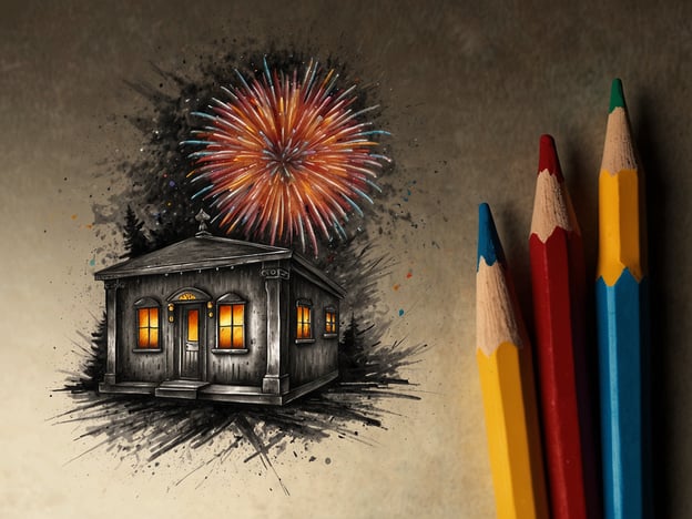 Auf dem Bild ist ein kunstvolles Motiv zu sehen, das ein Haus mit leuchtenden Fenstern darstellt, hinter dem ein Feuerwerk explodiert. Neben dem Haus sind einige Buntstifte platziert.**Sicher feiern: Wichtige Hinweise für die Silvesternacht:**1. **Feuerwerk nur an sicheren Orten zünden**: Achte darauf, dass du genügend Abstand zu Gebäuden und Menschen hältst.2. **Sicherheitshinweise beachten**: Lies die Anweisungen auf der Feuerwerksverpackung sorgfältig.3. **Achte auf Alkoholkonsum**: Trinke verantwortungsbewusst, um gefährliche Situationen zu vermeiden.4. **Tiere im Auge behalten**: Halte Haustiere drinnen, da sie durch den Lärm gestresst werden können.5. **Notfallnummern bereit halten**: Sei vorbereitet, falls es zu einem Notfall kommt.Feiere sicher und verantwortungsbewusst!