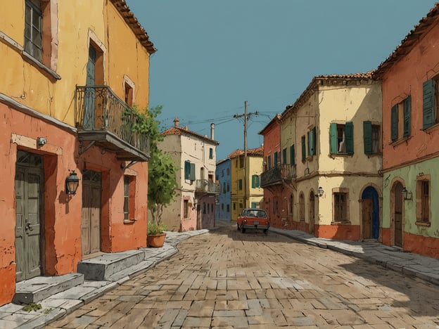 Auf dem Bild sieht man eine malerische, ruhige Gasse, umrahmt von charmanten, bunt gestrichenen Häusern. Die warmen, sonnigen Farben der Fassaden – in Gelb, Orange und Blau – verleihen der Szene eine einladende Atmosphäre. Die gepflasterte Straße, die sanft gewellt scheint, lädt zu einem Spaziergang ein und vermittelt ein Gefühl von Gelassenheit. Ein nostalgisches Auto fügt sich harmonisch in das Bild ein, während Pflanzen und eine Laterne zusätzliche Details bieten, die den Charakter dieser idyllischen Umgebung unterstreichen. Es ist ein Ort, der zu entspannten Momenten und gelassenen Gesprächen einlädt.