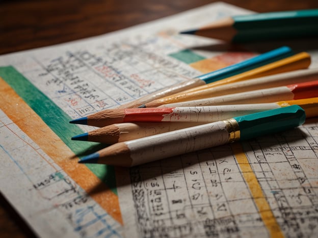 Auf dem Bild sind farbige Bleistifte und Papier zu sehen, das mit verschiedenen Farben und numerischen Daten bearbeitet ist. Dies könnte auf eine Art von Kostenplanung oder Budgetierung hindeuten.
Zum Gesamtbudget kann man sagen, dass solche Notizen oft verwendet werden, um Einnahmen und Ausgaben zu erfassen und zu organisieren. Die bunte Gestaltung könnte helfen, verschiedene Kategorien oder Prioritäten innerhalb der Kostenplanung visuell zu unterscheiden, was den Überblick über das Gesamtbudget erleichtert.
