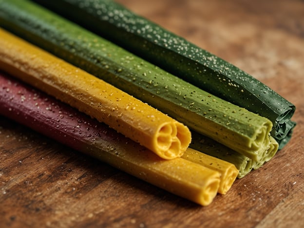 Auf dem Bild sind verschiedene farbige Pastaröllchen zu sehen, die durch ihre auffälligen Farben und die spezielle Form ins Auge fallen. In der modernen Pasta-Welt sind solche Innovationsansätze populär, die nicht nur ästhetische Aspekte, sondern auch gesunde Zutaten hervorheben.Farbenfrohe Pasta wird oft mit natürlichen Zutaten gefärbt, wie Spinat für Grün, Rote Bete für Rot und Kurkuma für Gelb. Diese Trends spiegeln den zunehmenden Wunsch wider, gesunde und kreative Gerichte zu präsentieren. Zudem sind alternative Pasta-Varianten, wie glutenfreie Optionen oder solche aus Hülsenfrüchten, ebenfalls im Trend, um unterschiedlichen Ernährungsvorlieben gerecht zu werden.Diese Art von Pasta kann auch als Basis für innovative Gerichte dienen, die sowohl geschmacklich als auch visuell beeindrucken.