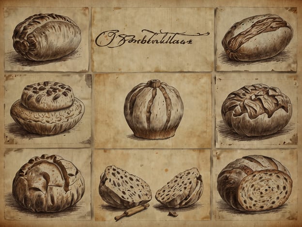 Auf dem Bild sind verschiedene Brotsorten abgebildet, die in einem stilisierten, alten Illustrationsstil dargestellt sind. Die Zeichnungen zeigen unterschiedliche Formen und Texturen von Brot, darunter runde und ovale Laibe sowie einige gefüllte Brötchen. Diese Vielfalt könnte ein Hinweis auf die Zukunft des Brotes in Frankreich sein, wo Handwerkskunst und Innovation in der Bäckerei weiterhin geschätzt werden. Die französische Brotkultur entwickelt sich ständig weiter, wobei traditionelle Techniken mit modernen Zutaten und Geschmäckern kombiniert werden.