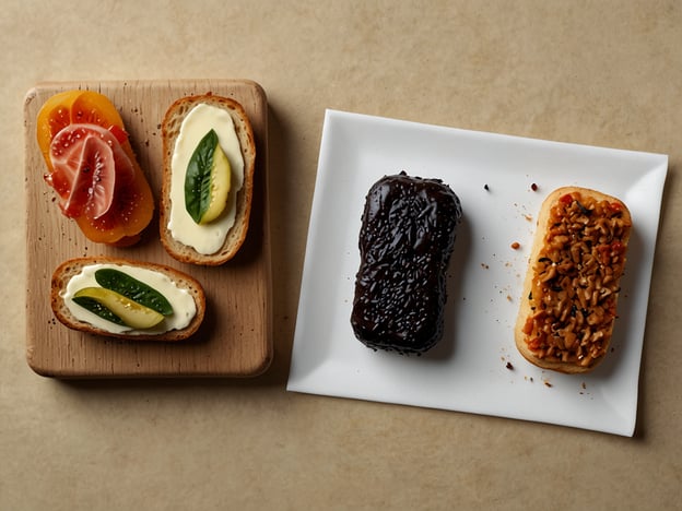 Auf dem Bild sind verschiedene belegte Brote zu sehen, die als Beilagen oder Ergänzungen zum Frühstück dienen können.Auf einem Holzbrett sind drei Stücke Brot arrangiert. Zwei davon sind mit Fruchtscheiben belegt: eine Kombination aus gelben und roten Tomaten sowie eine Schicht Frischkäse oder Quark. Die dritte Scheibe zeigt eine ansprechende Anordnung von Gurkenscheiben und Kräutern, die ebenfalls auf einem cremigen Belag sitzen.Auf einem weißen Teller sind zwei weitere Brote platziert. Eines ist mit einer dunklen Schokoladenglasur überzogen, während das andere mit einer Kombination aus verschiedenen Körnern, Gemüse und möglicherweise einer würzigen Paste belegt ist.Diese Auswahl bietet eine interessante und abwechslungsreiche Kombination aus herzhaften und süßen Aromen, ideal für ein Frühstück oder einen Snack.