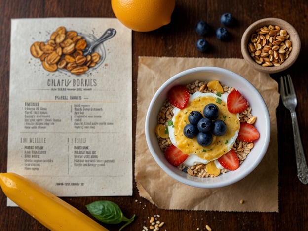 Auf dem Bild ist eine gesunde Frühstücksschüssel mit Haferflocken, Joghurt, frischen Früchten wie Erdbeeren, Blaubeeren und möglicherweise etwas Mango zu sehen. Neben der Schüssel liegen eine Banane, eine Orange und einige Nüsse in einer kleinen Schale.Für einen energiereichen Start in den Tag sind folgende gesunde Alternativen empfehlenswert:1. **Haferflocken**: Sie liefern langanhaltende Energie und sind reich an Ballaststoffen.2. **Griechischer Joghurt**: Er ist herzhaft und proteinreich, was den Muskelaufbau unterstützt.3. **Frisches Obst**: Wie Beeren, die voller Antioxidantien und Vitamine sind.4. **Nüsse und Samen**: Sie sind reich an gesunden Fetten und Proteinen.Eine solche Kombination sorgt für einen nahrhaften und energiereichen Start in den Tag!