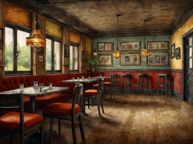 Auf dem Bild ist ein gemütliches Restaurant oder Café zu sehen, das eine einladende Atmosphäre ausstrahlt. Die warmen Farben der Wände, kombiniert mit den roten Polstersitzen und den rustikalen Holztischen, schaffen ein angenehmes Ambiente. Große Fenster lassen viel Tageslicht herein, während die charmanten Lampen eine behagliche Beleuchtung bieten. An den Wänden hängen interessante Bilder, die dem Raum Persönlichkeit verleihen.Stellen Sie sich vor, hier einen interkontinentalen Frühstücksbrunch zu genießen: frisches Brot, exotische Früchte, dampfender Kaffee und vielleicht ein herzhaftes Omelett. Die entspannte Stimmung, das sanfte Murmeln von Gesprächen und der Duft von frisch gebrühtem Kaffee tragen dazu bei, dass man sich sofort wohlfühlt. Ein perfekter Ort, um den Tag zu beginnen!