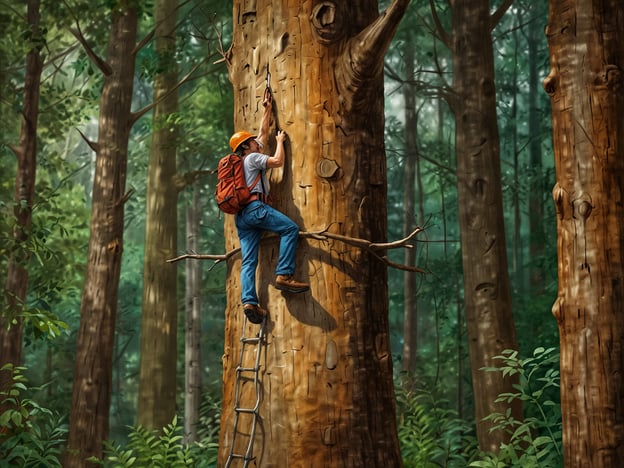Auf dem Bild ist eine Person zu sehen, die an einem Baum klettert, während sie ein Seil und Werkzeuge verwendet. Für einen unvergesslichen Waldurlaub könnten folgende Aktivitäten in Betracht gezogen werden:1. **Baumklettern**: Erleben Sie den Nervenkitzel des Kletterns in den Baumwipfeln und genießen Sie die Aussicht aus der Höhe.2. **Wanderungen**: Erkunden Sie die natürlichen Wege und genießen Sie die Flora und Fauna.3. **Vogelbeobachtung**: Halten Sie Ausschau nach verschiedenen Vogelarten und lernen Sie ihre Rufe und Gewohnheiten kennen.4. **Naturfotografie**: Fangen Sie die Schönheit des Waldes mit Ihrer Kamera ein.5. **Lagerfeuerabende**: Verbringen Sie gemütliche Abende am Lagerfeuer mit Geschichten und gegrilltem Essen.6. **Survival-Training**: Lernen Sie, wie man im Wald überlebt, einschließlich Feuer machen und Unterschlüpfe bauen.7. **Pilze sammeln**: Erforschen Sie essbare Pilze und bringen Sie sicher die besten mit nach Hause.Diese Aktivitäten bieten Spaß und fördern ein tieferes Verständnis für die Natur.