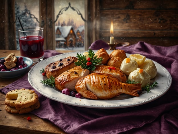 Auf dem Bild sind verschiedene traditionelle Heiligabendgerichte zu sehen, die in Deutschland beliebt sind. Es gibt gebratenen Fisch, welcher oft als Hauptgericht serviert wird, besonders in einigen Regionen. Begleitend dazu könnten Kartoffelklöße oder ein Kartoffelbrei vorhanden sein, die häufig als Beilage zu festlichen Gerichten serviert werden.Um das Fest der Liebe abzurunden, sind auch Plätzchen auf dem Tisch zu sehen, die in der Weihnachtszeit gebacken werden. Ein Glas mit einer festlichen Getränkekomposition, wie Glühwein oder Kinderpunsch, rundet das arrangierte Essen ab. Das gesamte Arrangement vermittelt eine gemütliche und festliche Atmosphäre, die zu Heiligabend passt.
