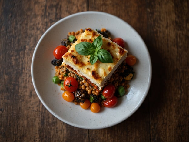 Auf dem Bild ist eine ansprechend angerichtete vegetarische oder vegane Lasagne zu sehen, die auf einem Bett aus buntem Gemüse und Hülsenfrüchten liegt. Um ein festliches Weihnachtsessen ohne tierische Produkte zu zaubern, könnten folgende Alternativen für Heiligabend in Betracht gezogen werden:1. **Vegetarische Lasagne**: Mit Spinat, Ricotta und einer Tomatensauce oder eine vegane Variante mit Zucchini, Auberginen und einer Cashew-Sahne.2. **Gemüsesalat**: Frisch und bunt, mit saisonalem Gemüse wie Rotkohl, Karotten und Nüssen.3. **Kürbisrisotto**: Cremig und würzig, ideal für die winterliche Saison.4. **Vegane Bratenalternativen**: Zum Beispiel mit Linsen oder Kichererbsen, gefüllt mit Nüssen und getrockneten Früchten.5. **Dessert**: Vegane Schokoladenmousse oder ein fruchtiger Weihnachtskuchen.Diese Gerichte bringen festliche Stimmung und sind gleichzeitig gesund und lecker!