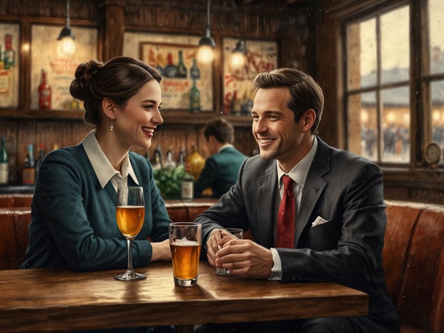 Auf dem Bild sehen wir zwei fröhliche Personen, die an einem Tisch in einem gemütlichen Lokal sitzen. Sie lachen und haben Getränke vor sich: ein Glas Bier und ein Glas mit einem klaren Getränk. Es scheint, als ob sie gut gelaunt sind und einen Moment der Freude teilen. Prost auf das Fest! ????