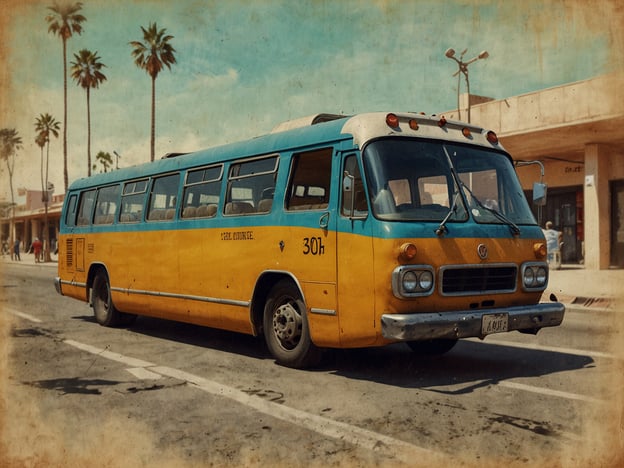 Auf dem Bild ist ein alter Bus zu sehen, der überwiegend in Gelb und Blau lackiert ist. Er steht auf einer Straße, die von Palmen gesäumt ist, und im Hintergrund sind einige Gebäude sowie Menschen zu erkennen. Die Szenerie wirkt nostalgisch und erinnert an eine frühere Zeit.